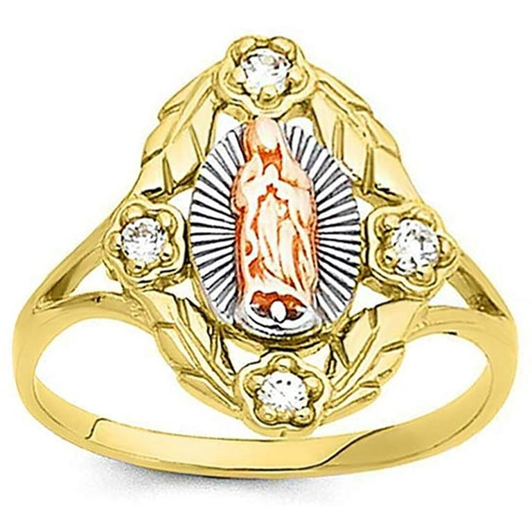  Savlano 18K Gold Plated White Yellow & Rose Three Color Lady of  Guadalupe Virgin Mary With Round Cut Cubic Zirconia Women's Girl's  Religious Ring (5): Clothing, Shoes & Jewelry