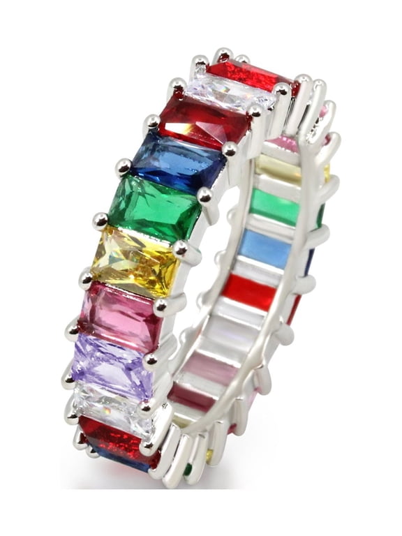 18K White Gold Plated Cubic Zirconia Emerald Cut Multicolor Rainbow Eternity Ring Band