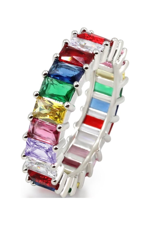 18K White Gold Plated Cubic Zirconia Emerald Cut Multicolor Rainbow Eternity Ring Band