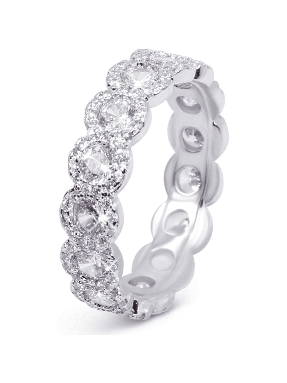 18K White Gold Plated Cubic Zirconia Round Cut Eternity Ring Band for Women