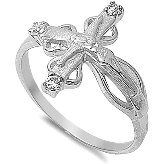 Savlano 18K White Gold Plated Round Cut Cubic Zirconia Sideways Filigree Cross Crucifix Jesus Band Ring Women's Religious Ring