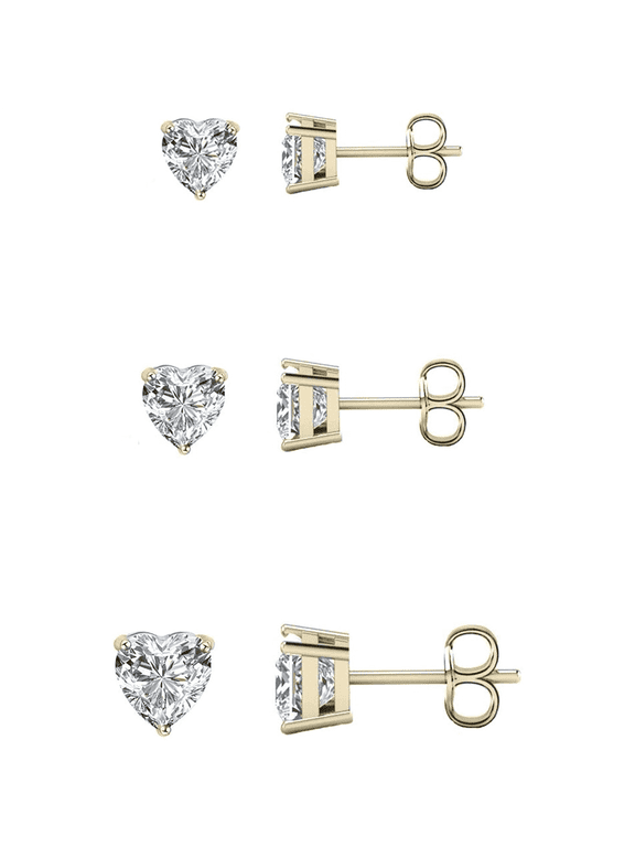 3 Pair 14K Gold Plated Cubic Zirconia Heart Cut Stud Earrings Comes In 4mm, 6mm & 8mm For Women & Men