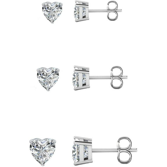Savlano 3 Pair 14K Gold Plated Cubic Zirconia Heart Cut Stud Earrings Comes In 4mm, 6mm & 8mm For Women & Men