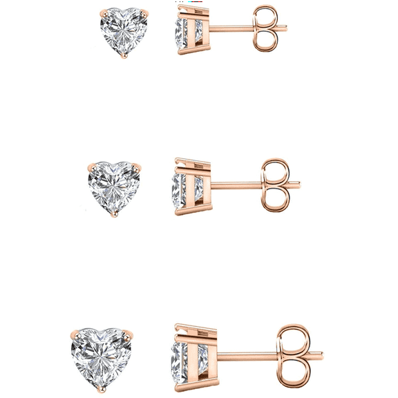 Savlano 3 Pair 14K Gold Plated Cubic Zirconia Heart Cut Stud Earrings Comes In 4mm, 6mm & 8mm For Women & Men