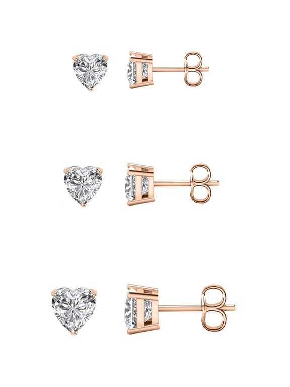 3 Pair 14K Gold Plated Cubic Zirconia Heart Cut Stud Earrings Comes In 4mm, 6mm & 8mm For Women & Men