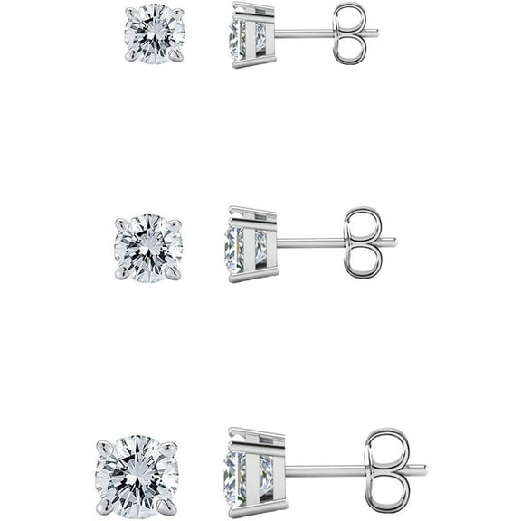 Savlano 3 Pair 14K Gold Plated Cubic Zirconia Round Cut Stud Earrings Comes In 4mm, 6mm & 8mm For Women & Men