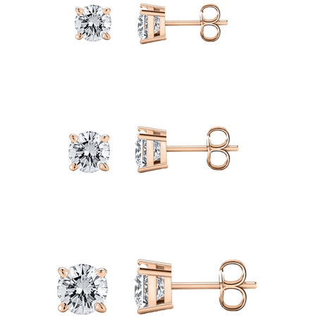 Savlano 3 Pair 14K Gold Plated Cubic Zirconia Round Cut Stud Earrings Comes In 4mm, 6mm & 8mm For Women & Men