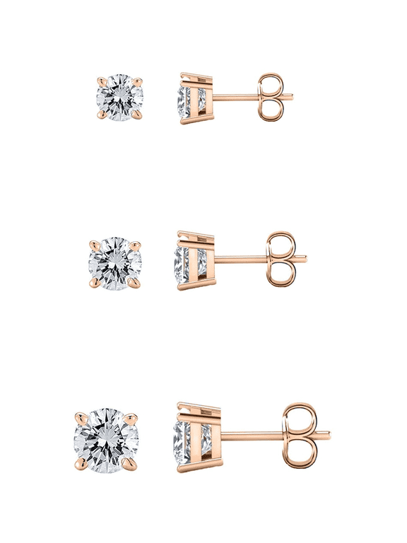 3 Pair 14K Gold Plated Cubic Zirconia Round Cut Stud Earrings Comes In 4mm, 6mm & 8mm For Women & Men