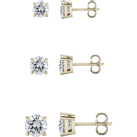 Savlano 3 Pair 14K Gold Plated Cubic Zirconia Round Cut Stud Earrings Comes In 4mm, 6mm & 8mm For Women & Men