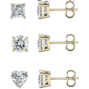 Savlano 3 Pair 4mm 14K Gold Plated Cubic Zirconia Princess, Round & Heart Cut Stud Earrings For Women & Men