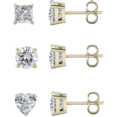 Savlano 3 Pair 4mm 14K Gold Plated Cubic Zirconia Princess, Round & Heart Cut Stud Earrings For Women & Men
