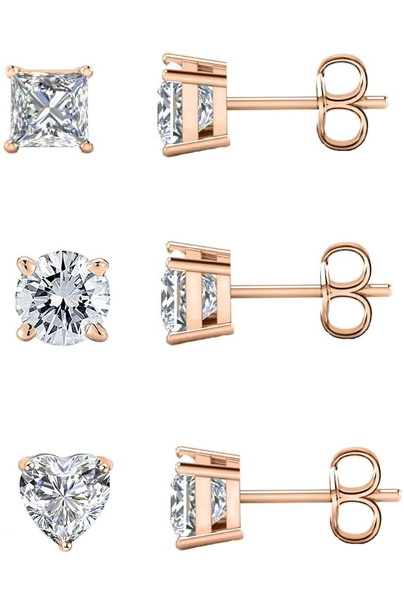 3 Pair 6mm 14K Gold Plated Cubic Zirconia Princess, Round & Heart Cut Stud Earrings For Women & Men