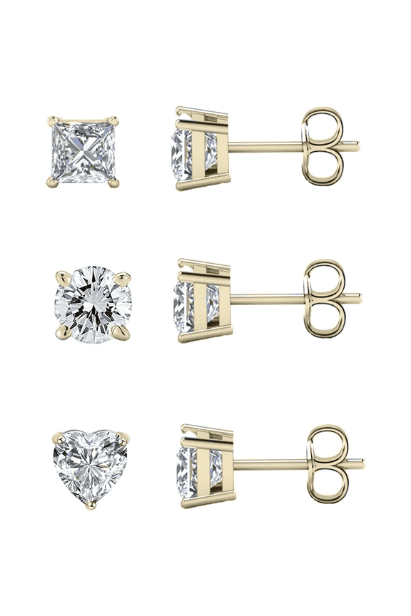 3 Pair 6mm 14K Gold Plated Cubic Zirconia Princess, Round & Heart Cut Stud Earrings For Women & Men