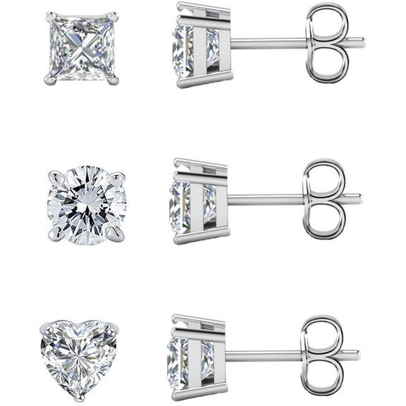 Savlano 3 Pair 8mm 14K Gold Plated Cubic Zirconia Princess, Round & Heart Cut Stud Earrings For Women & Men