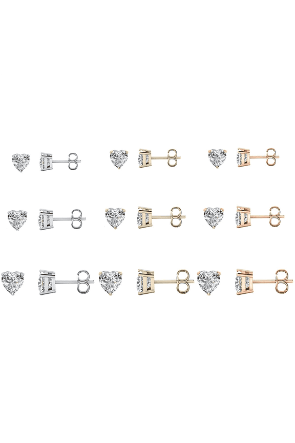 9 Pair In White, Yellow & Rose 14K Gold Plated Cubic Zirconia Heart Cut Stud Earrings Comes In 4mm, 6mm & 8mm For Women & Men