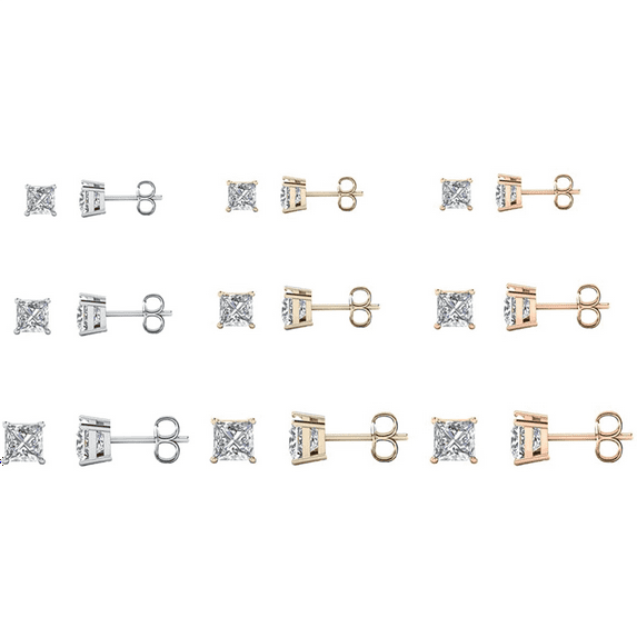 Savlano 9 Pair In White, Yellow & Rose 14K Gold Plated Cubic Zirconia Princess Cut Stud Earrings Comes In 4mm, 6mm & 8mm For Women & Men
