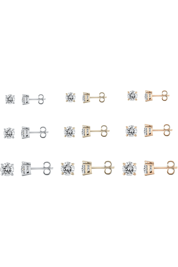 9 Pair In White, Yellow & Rose 14K Gold Plated Cubic Zirconia Round Cut Stud Earrings Comes In 4mm, 6mm & 8mm For Women & Men