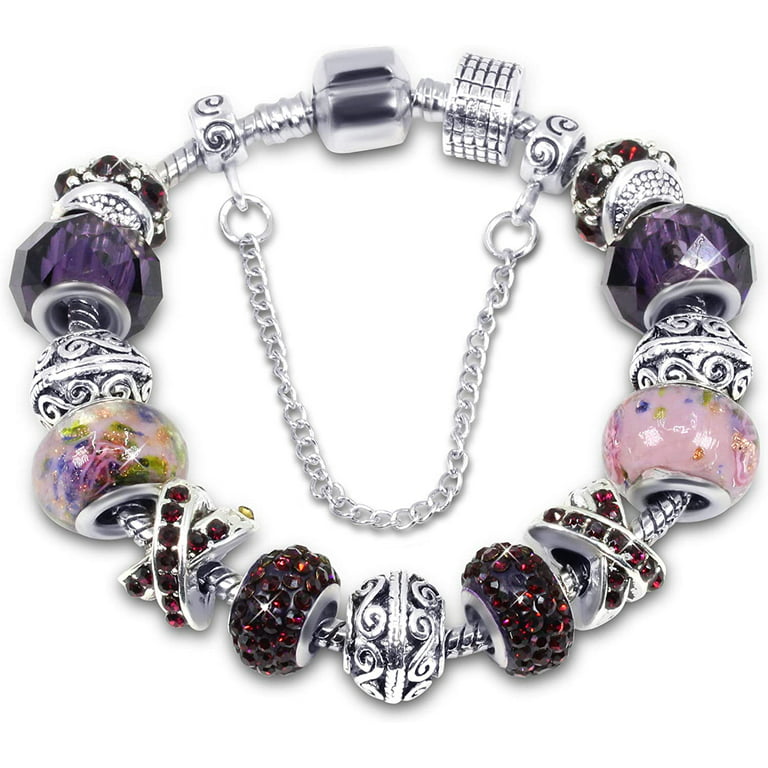Amethyst Bead Bracelet with Sterling Silver Heart Italy