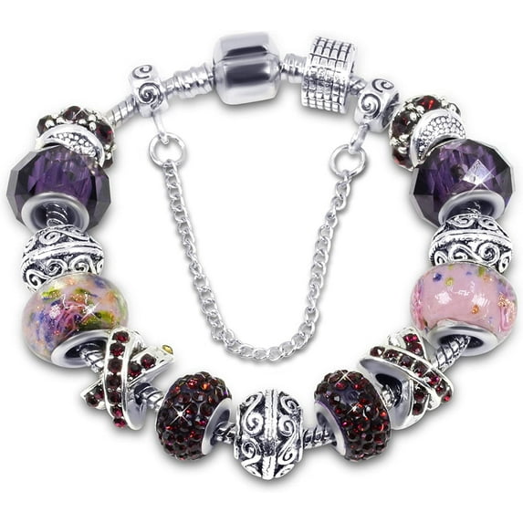 Savlano Silver Tone Charm Bracelet With Purple Crystal And Murano Glass Beads Snake Chain For Women