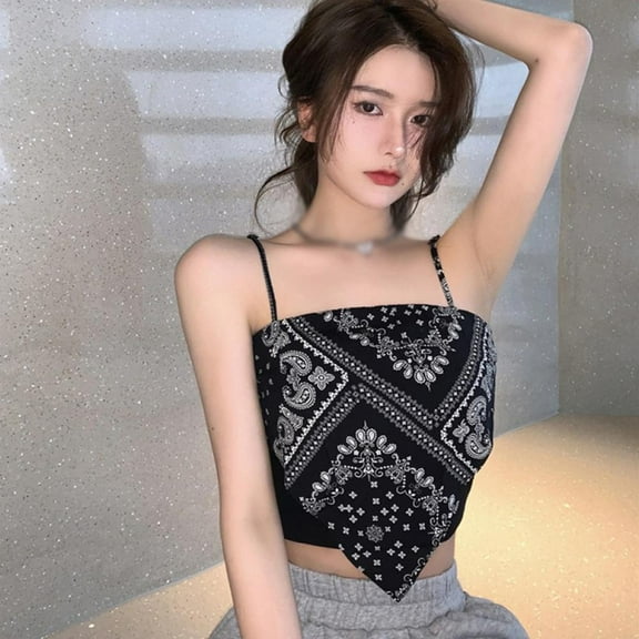 Savlot Women's Print Tie Back French Knot Hanky Hem Spaghetti Straps Handkerchief Cami Bandana Tube Crop Top