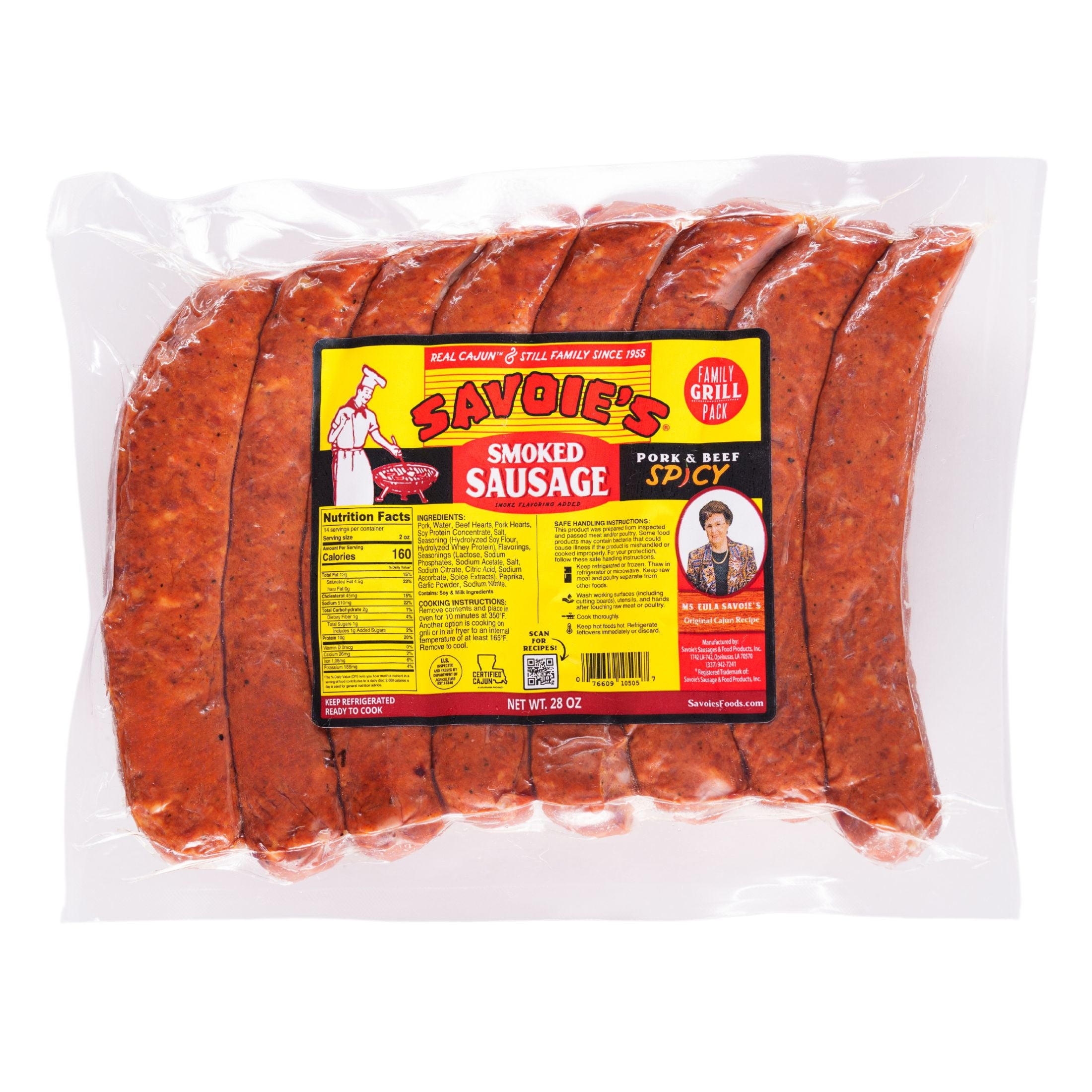 Savoie's Hot Family Grill Pack, 28 oz Smoked Sausage Link Pack, 8 Links