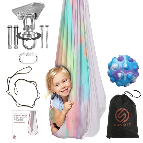 Savoiz - Therapy Swing for Kids - Durable, Adjustable & Easy Install - Suitable for Indoor/Outdoor Use - Soothing for Sensory Processing Disorder & Special Needs - Tie Dye Multi