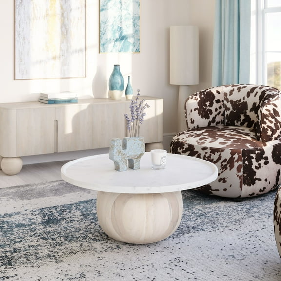 Savona Coffee Table White & Whitewashed Coffee Table, Modern Style, Natural Marble round shape tabletop, MDF, Indoor Living
