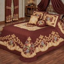 Savonnerie 3 Pc Queen Bedspread Set, Quilted, Aubusson, Scrollwork, Floral Bouquet, Washable
