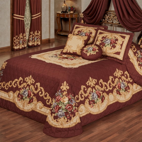 Savonnerie 5 Pc King Bedspread Set, Quilted, Aubusson, Scrollwork, Floral Bouquet, Washable