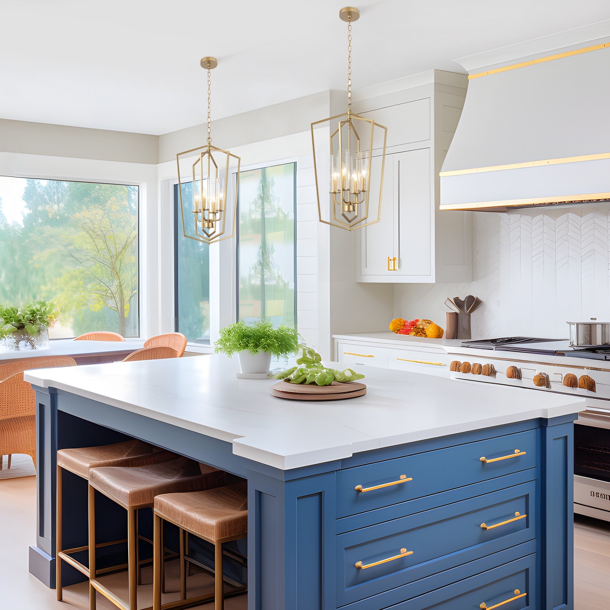 Gold Geometric Lantern Chandelier with Seeded Glass Shades
