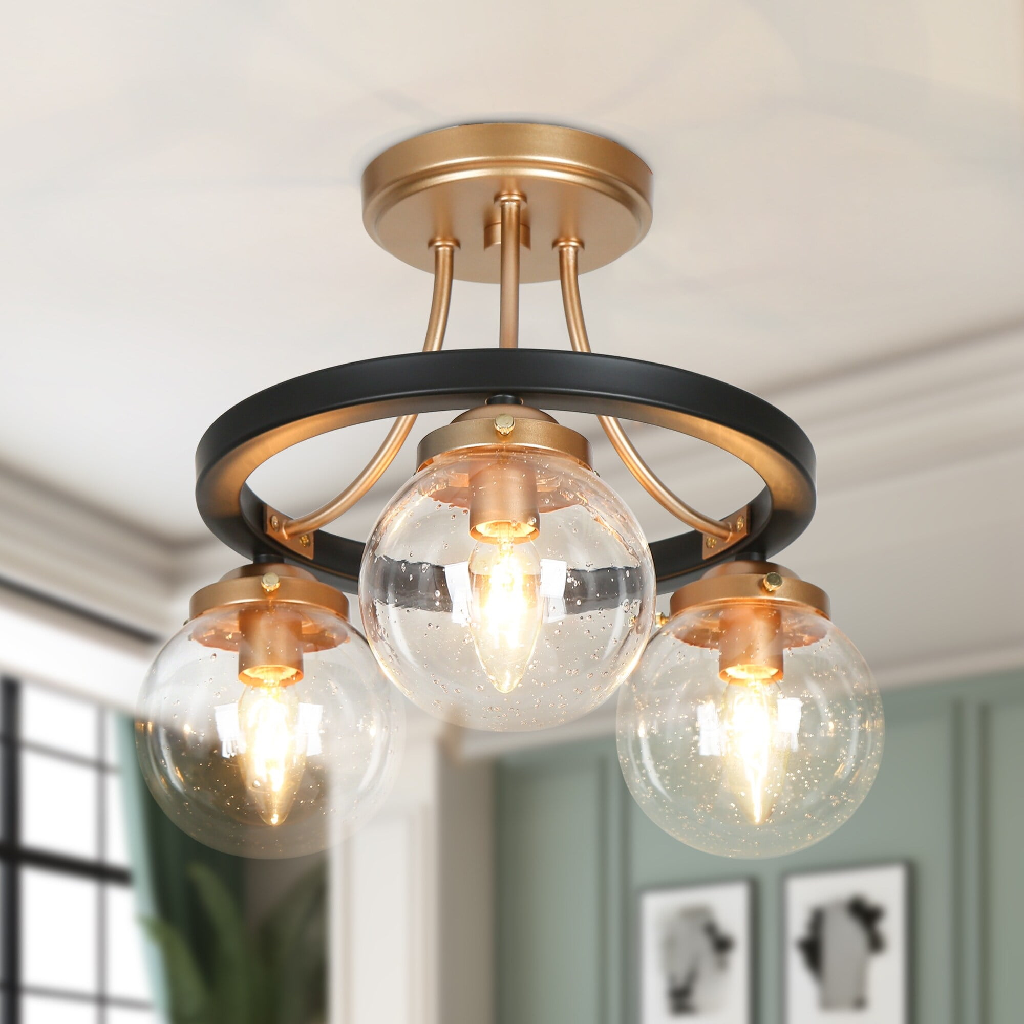 Modern Farmhouse Matte Black and Gold 3-Light Glass Ceiling Fixture