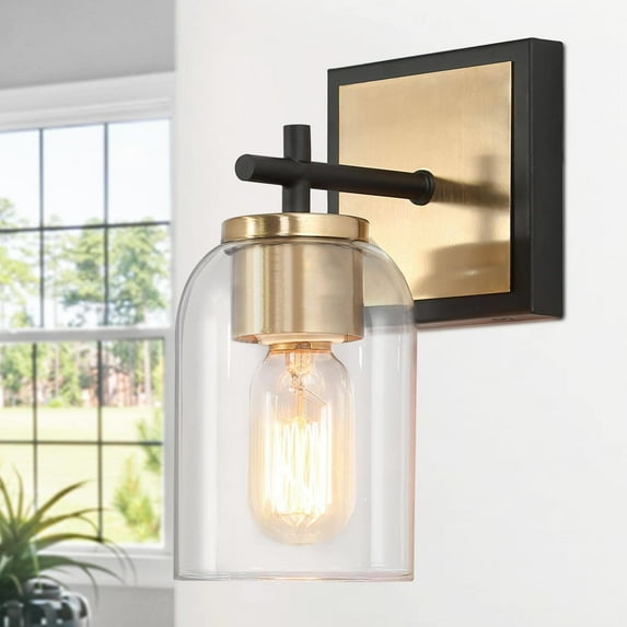Savonnerie Modern Farmhouse Bathroom Vanity Light Black Gold Cylinder Glass Wall Sconce 1-Light