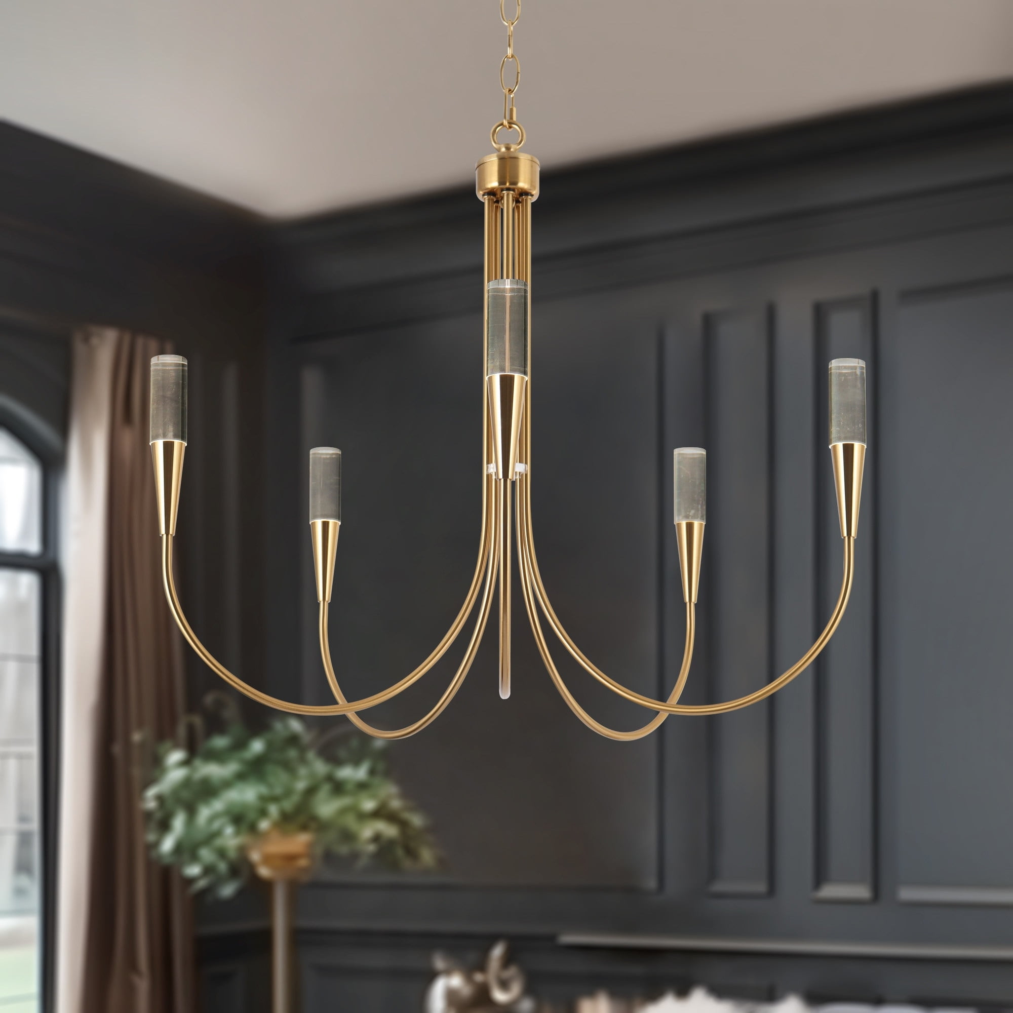 Modern French Gold 5-Light LED Chandelier with Adjustable Height