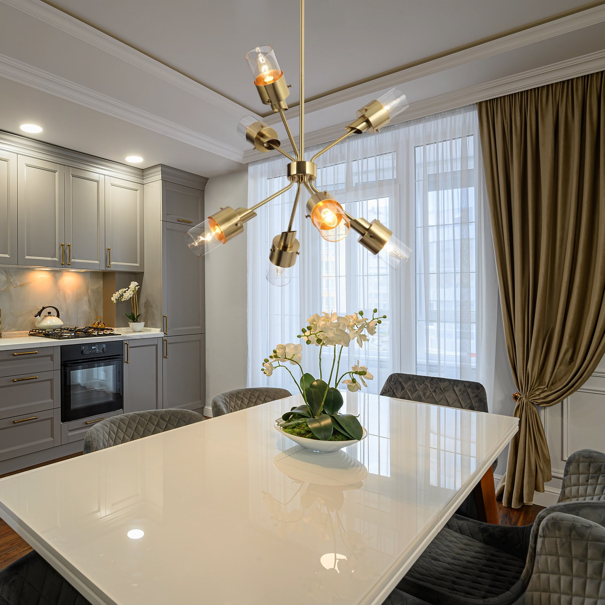 Savonnerie Gold 7-Light Sputnik Chandelier with Clear Glass Shades