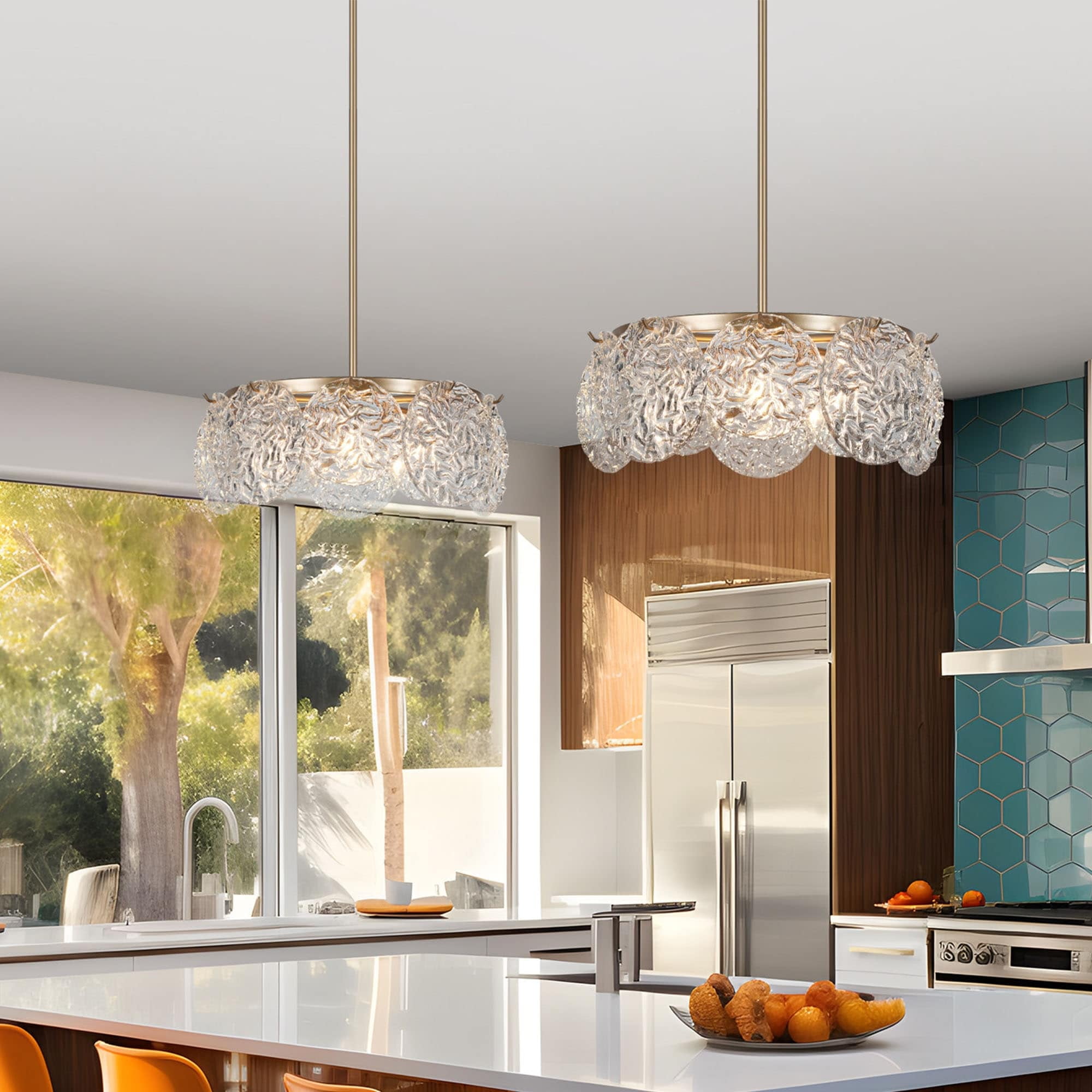 Luxurious Gold Drum Chandelier with Art Glass Panels, 18"