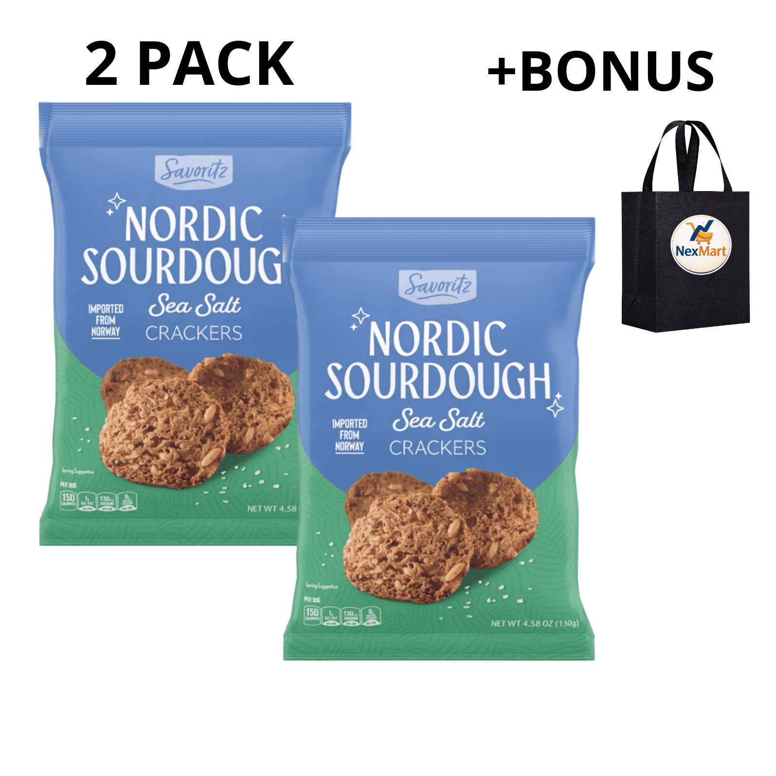 Savoritz Nordic Sourdough Sea Salt Crackers, 4.58 oz, 2 Pack + Bonus