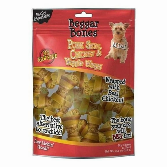 Savory Prime Beggar Bones Pork Skin, Chicken and Veggie Wraps Dog Treats, 21 Count / Small