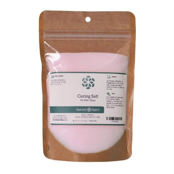 Savory Spice Curing Salt BCF26 - Prague Powder 1 Pink Curing Salt for Meat - Quick Brining for Homemade Jerky, Bacon, Sausage, Ham, Chicken, Pork, Corned Beef, or Fish (1 Cup Bag - Net: 10.7 oz)