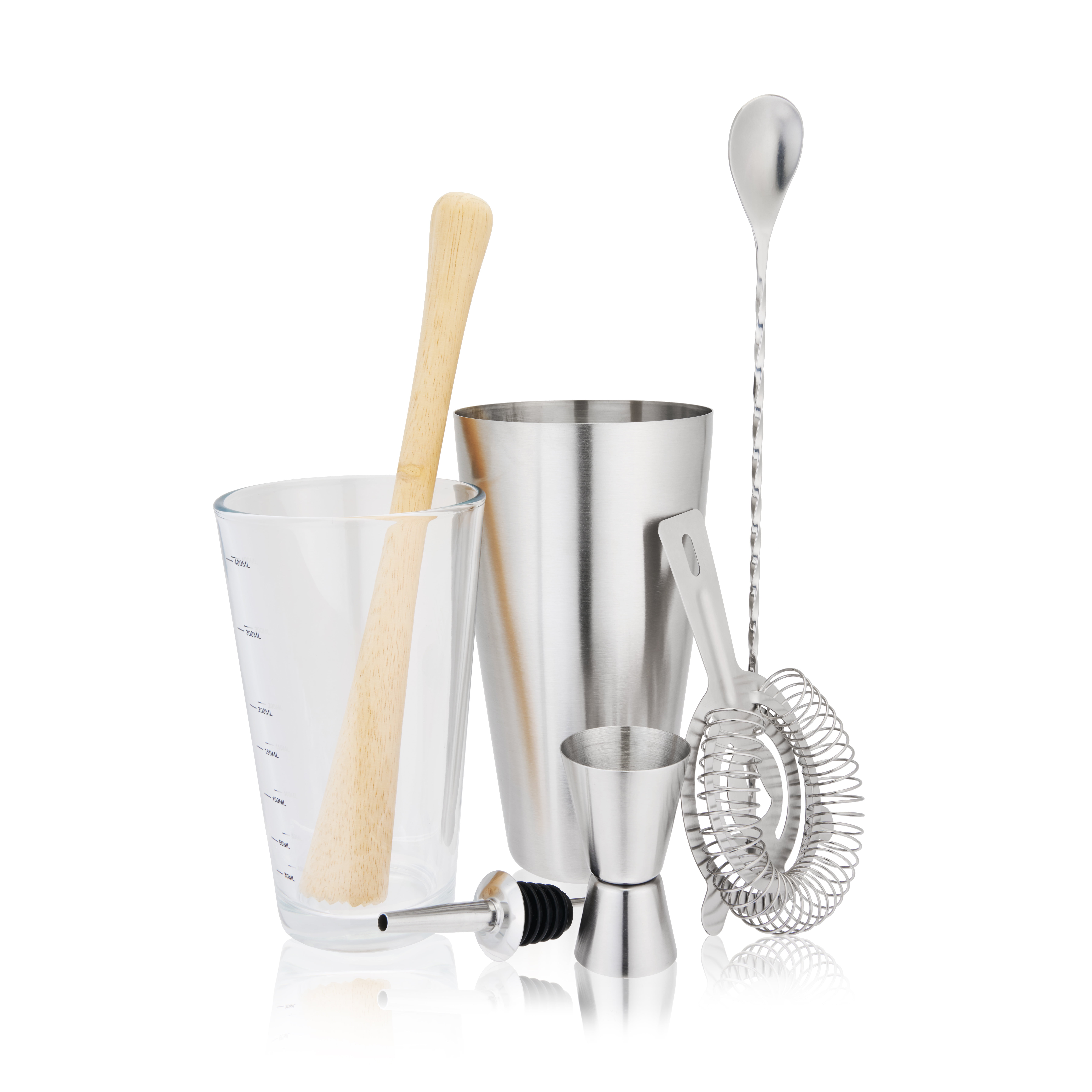 7 Piece Barware Set by Savoy -Cocktail Shaker, Jugger, Measuring Glass, Muddler, Stir Spoon, Pour Spout and Strainer