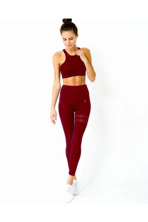 Ashton Racerback Fitting Padded Sports Bra & High Waisted Striped Performance Legging Set - Maroon - Small