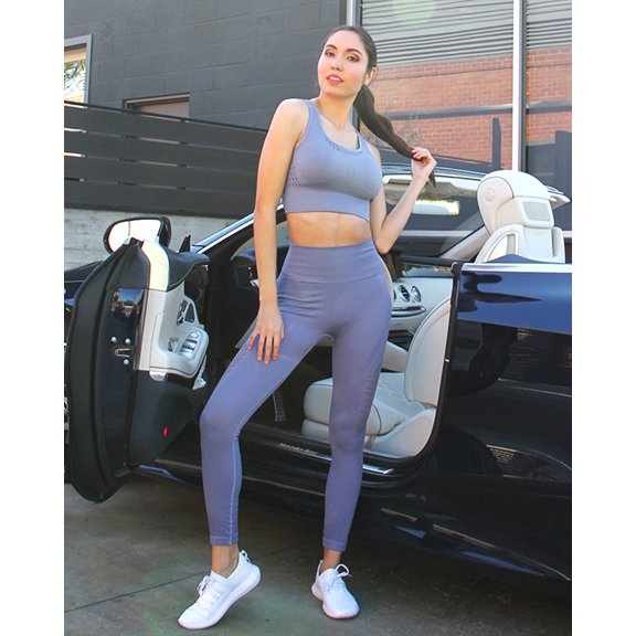 Seamless Mesh Activewear Set - Stylish Grey and Purple
