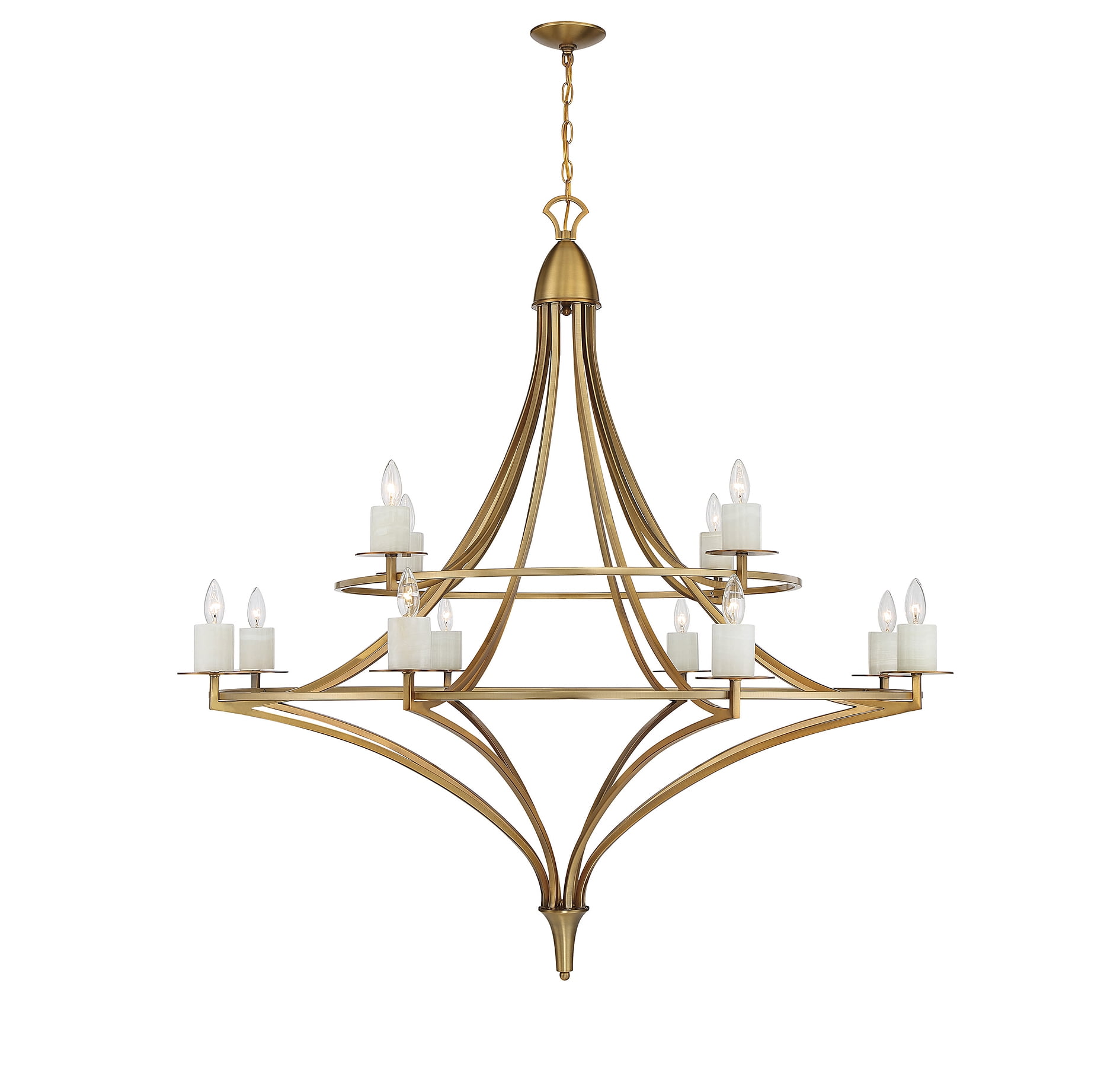 Warm Brass Twelve Light Chandelier with Stone Candle Sleeves