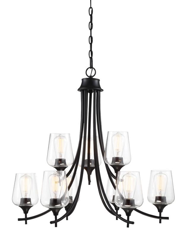 Matte Black 9-Light Chandelier with Clear Glass Shades