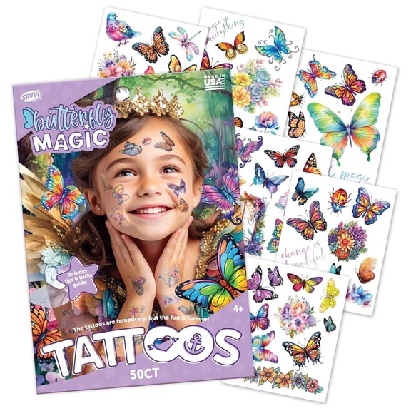 Savvi Temporary Tattoos - Butterfly Magic, Vibrant Colors, 50 count