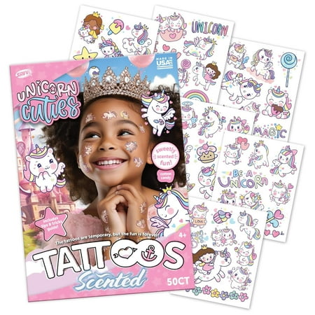Savvi Temporary Tattoos - Unicorn Cuties, Cotton Candy-Scented, 50 count