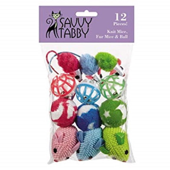 Savvy Tabby Fun Cat Toy 12 Piece Knit Mice, Fur Mice Ball