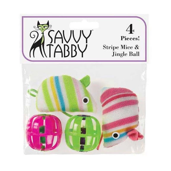 Savvy Tabby US4656 04 Stripe Mice & Jingle Ball 4 Pk