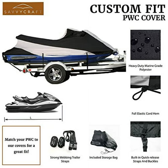 Savvycraft Waterproof Trailerable Jet Ski Cover, Custom Fit Jet Ski Cover for Sea-Doo 2012-2016 GTR 215 Gray/Black