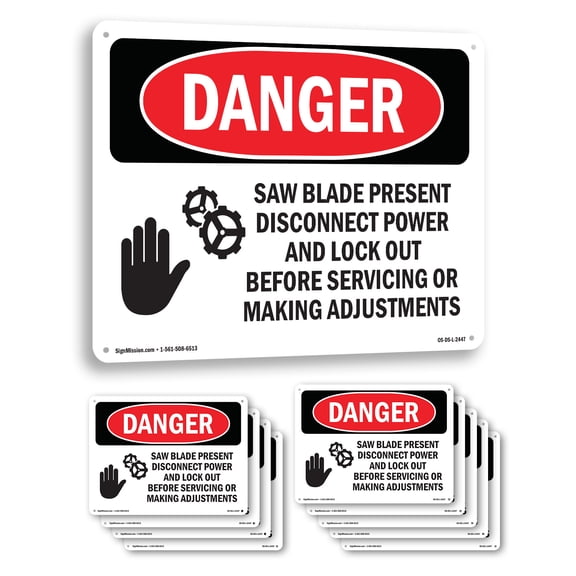Saw Blade Present Disconnect OSHA Danger Rigid Plastic Sign 14 Inch x 10 Inch - 10 Pack