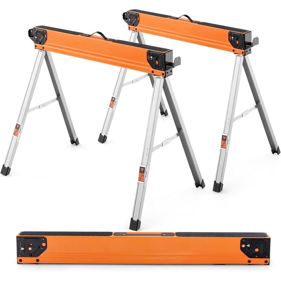 Saw Horses 2 Pack Folding, Heavy Duty Steel Work Horses w/ Flip-down Pegs & 2 x 4 Support Arms, 2200 LBS Capacity Portable Set of 2 Sawhorses w/ Fast Open Legs for Woodworking